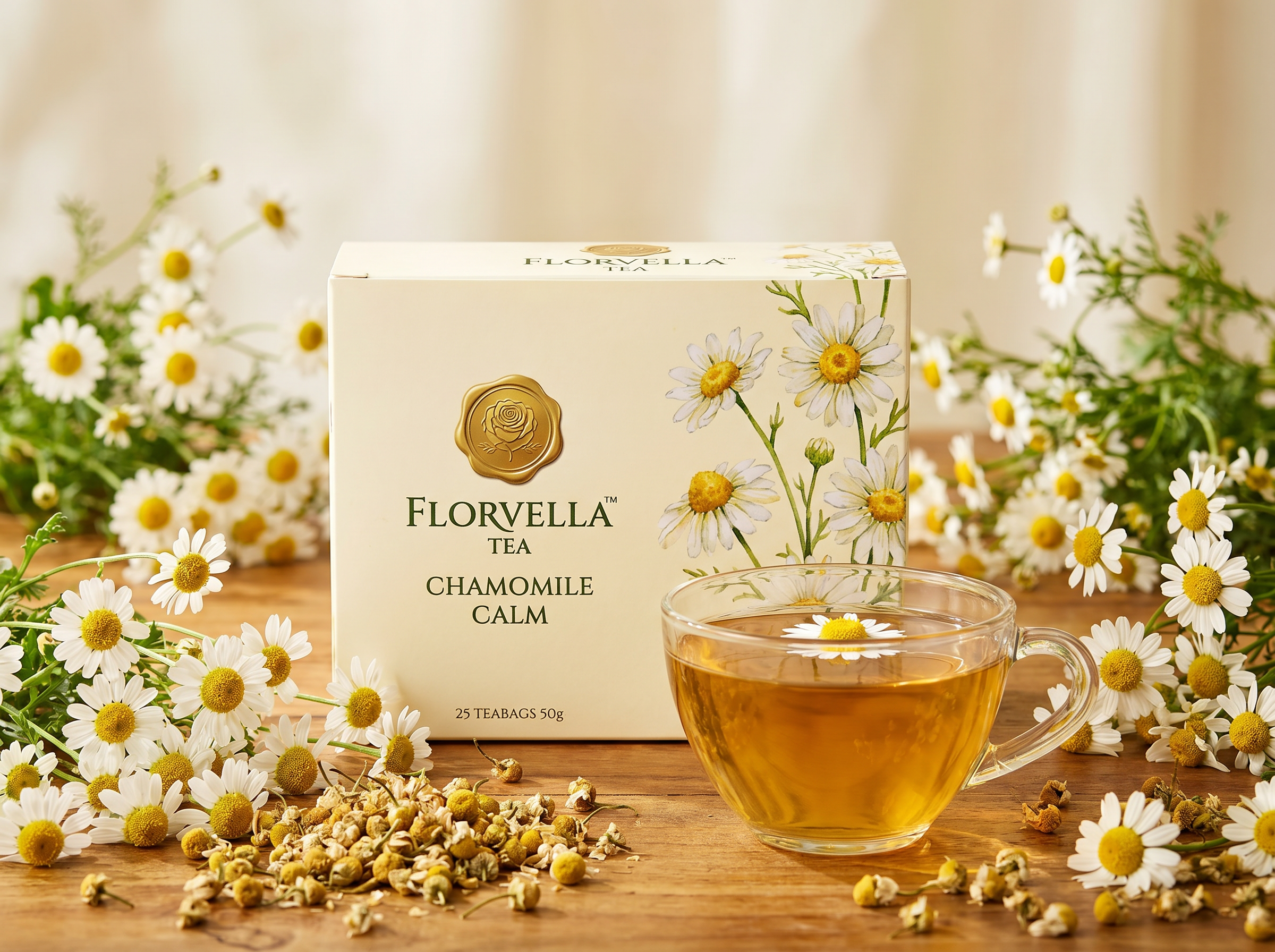 Florvella Chamomile Calm carton with abundant chamomile flowers.