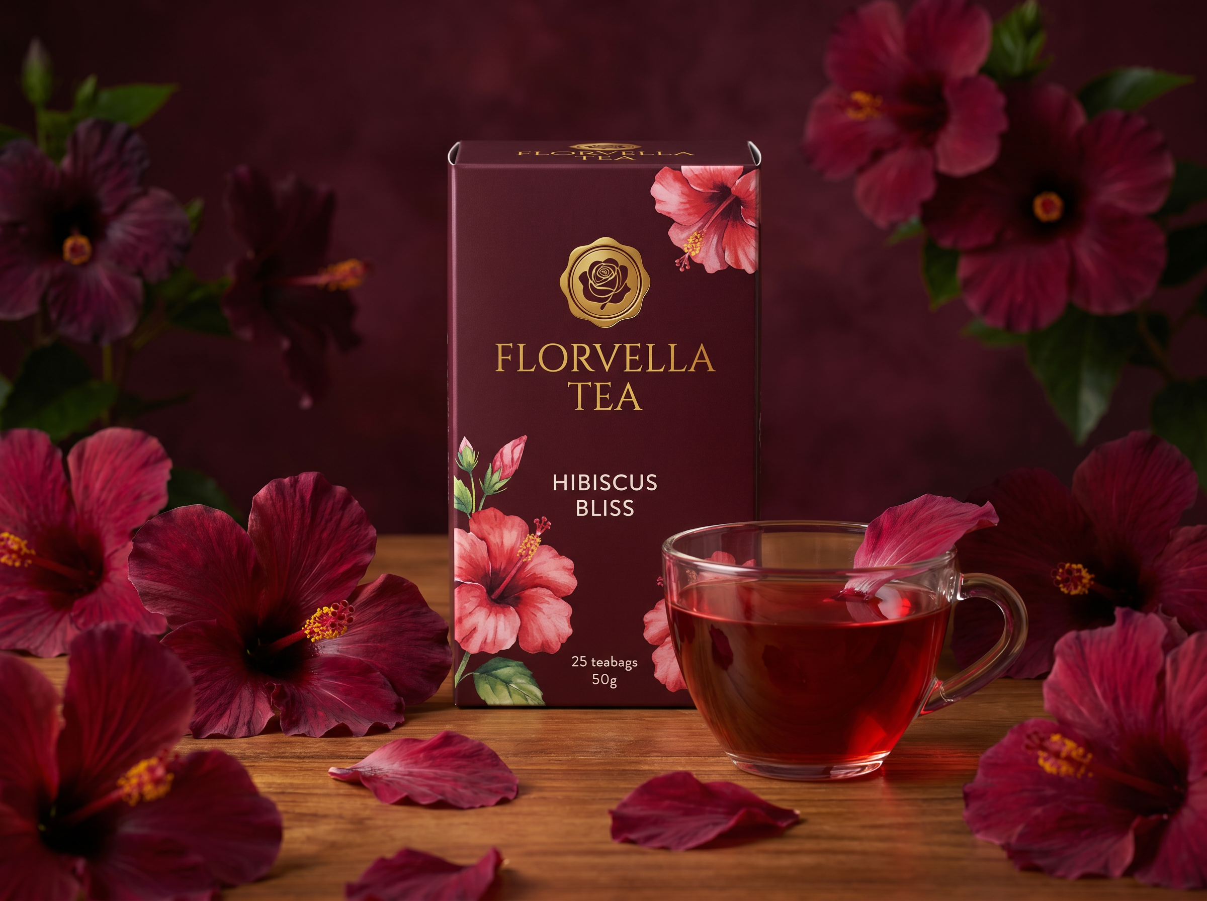 Florvella Hibiscus Bliss carton with abundant garnet hibiscus blooms.