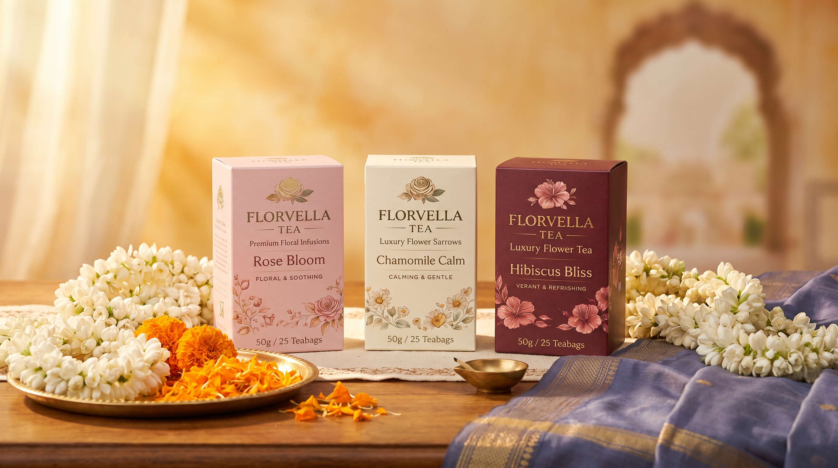 The Florvella trio amid jasmine garlands, marigold petals, brass thali, folded silk, and an unlit diya.
