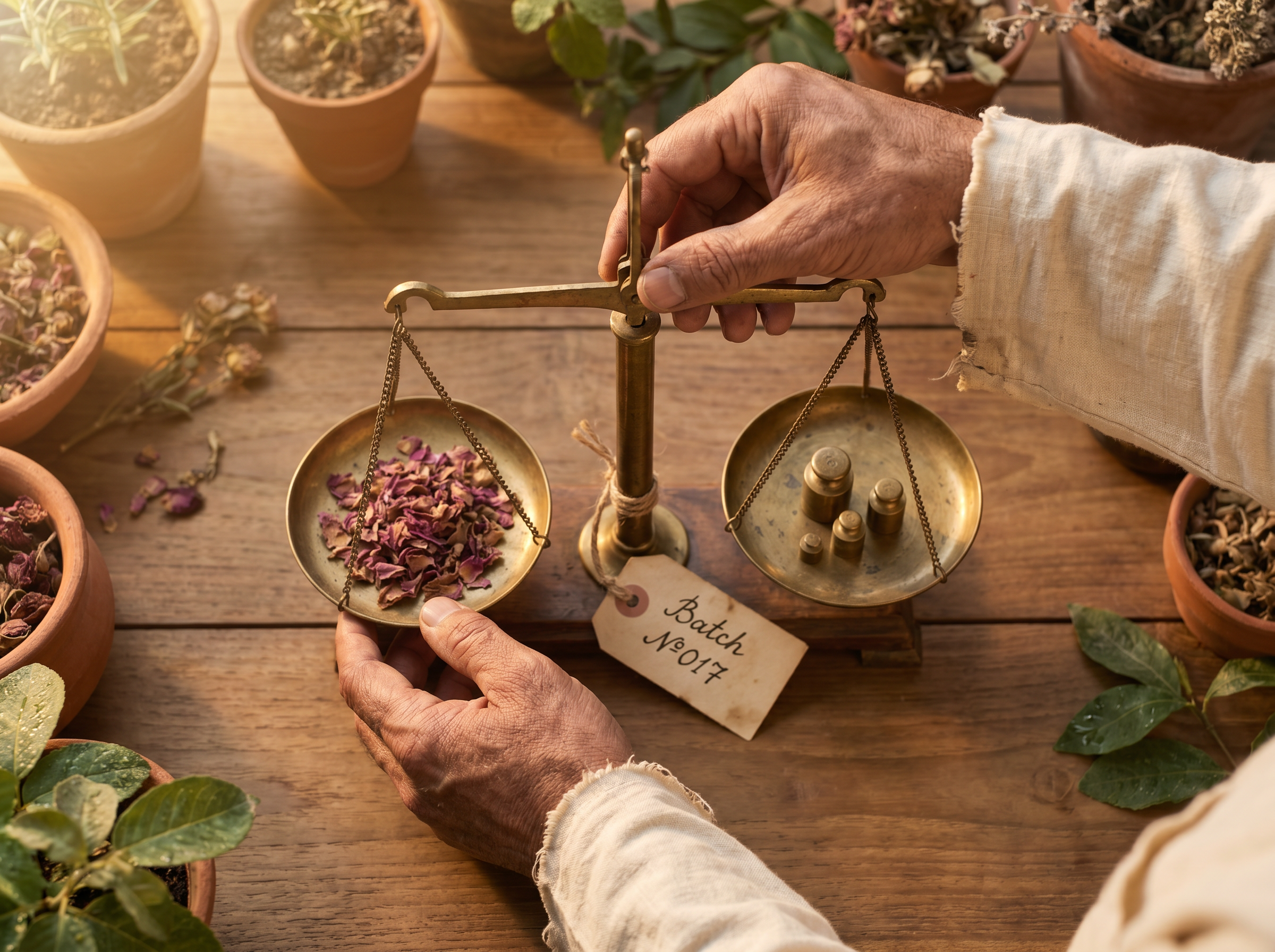Akash Gera's hands on a brass two-pan scale, weighing dried damask rose petals, in an Indian apothecary garden at dawn.