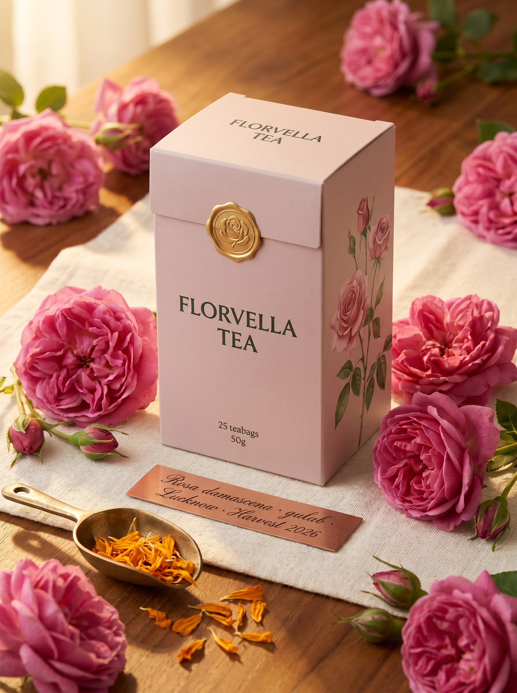 The Florvella Rose Bloom carton in India-warm light, surrounded by abundant fresh damask roses and scattered marigold petals.